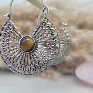 Silver tiger eye hoops earrings / Mandala jewellery / Hippie / Bohemian style /  Birthstone / Gift / Pretty / Silver hoops