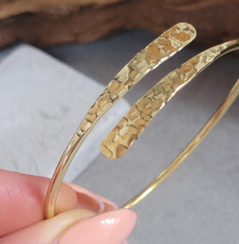 Hammered Brass Bangle Bracelet – Adjustable Minimalist Gold Finish Jewelry image 4