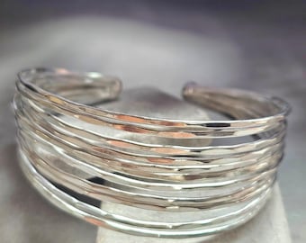Silver Plated Multi Strand Cuff Bracelet, Chunky Statement Bangle, Layered Wire Bracelet, Minimalist Boho Jewellery, Adjustable Open Cuff