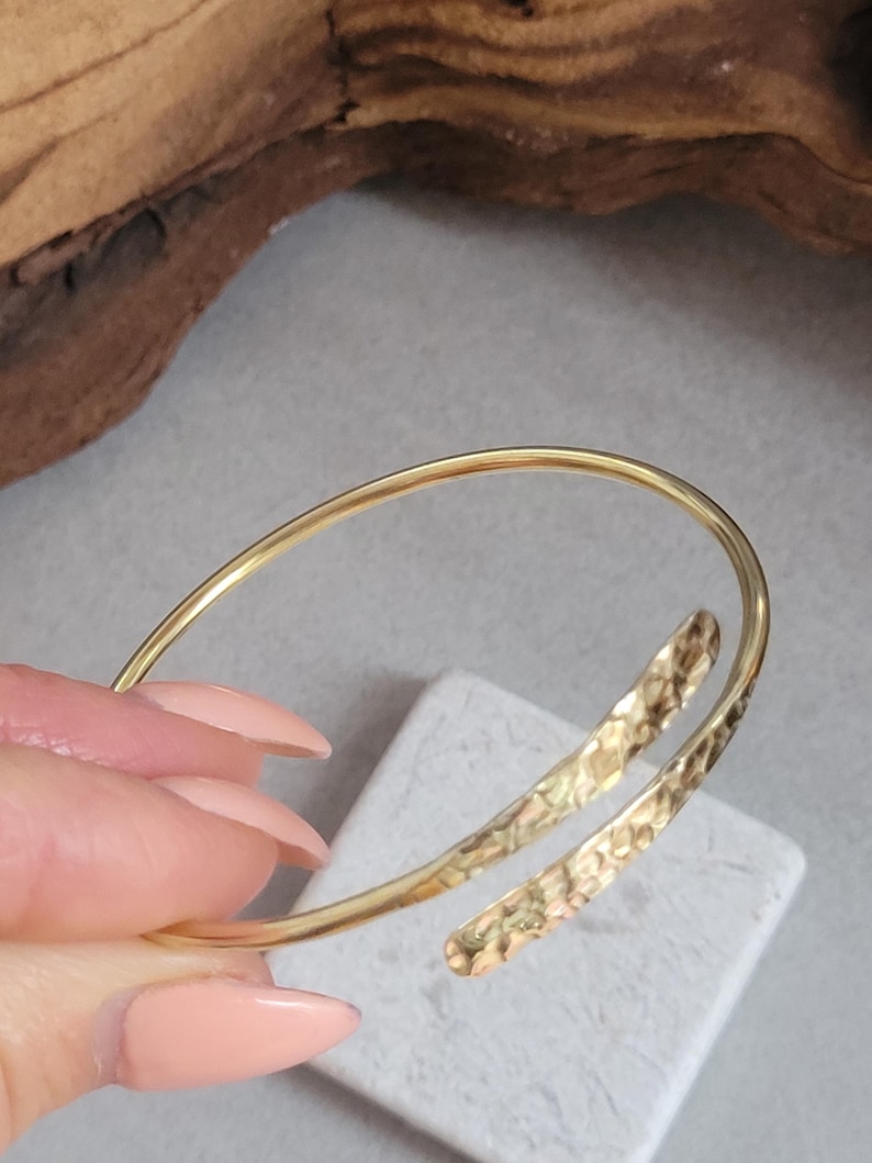 Hammered Brass Bangle Bracelet – Adjustable Minimalist Gold Finish Jewelry image 5