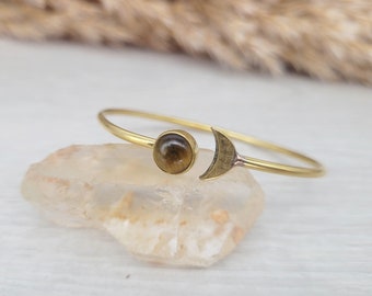 Gold moon bracelet / Tiger eye / Bangle / Gold jewellery / Adjustable / Ethnic / Healing / Gift / Birthstone / Brown stone