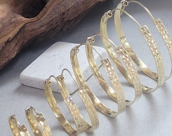 Hammered Brass Hoop Earrings - Nickel Free, Boho Jewelry