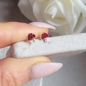 Sterling Silver Mushroom Stud Earrings – Red Crystal Toadstool Earrings – Cute Minimalist Nature Jewellery Gift for Her