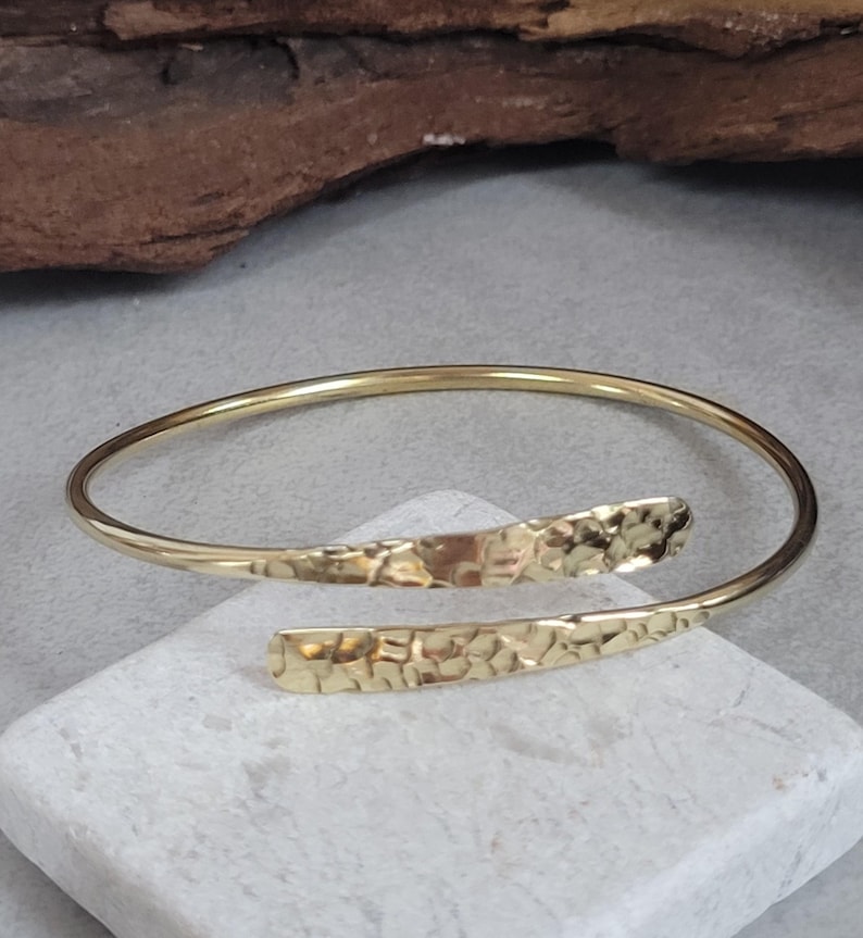 Hammered Brass Bangle Bracelet – Adjustable Minimalist Gold Finish Jewelry image 9