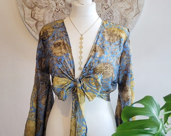 Wrap top / Bohemian / Bamboo silk wrap top / Wrap top / Bamboo silk / Summer Top / leaf design / Bell sleeves / Kaftan top / Hippie