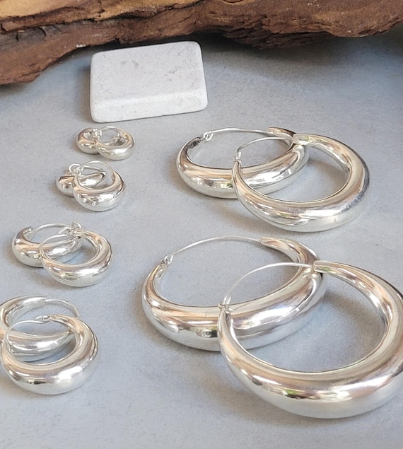 Silver hoop earrings / Classic hoops / Chunky earrings/ Simple jewellery / Unique / Hippie / Free shipping
