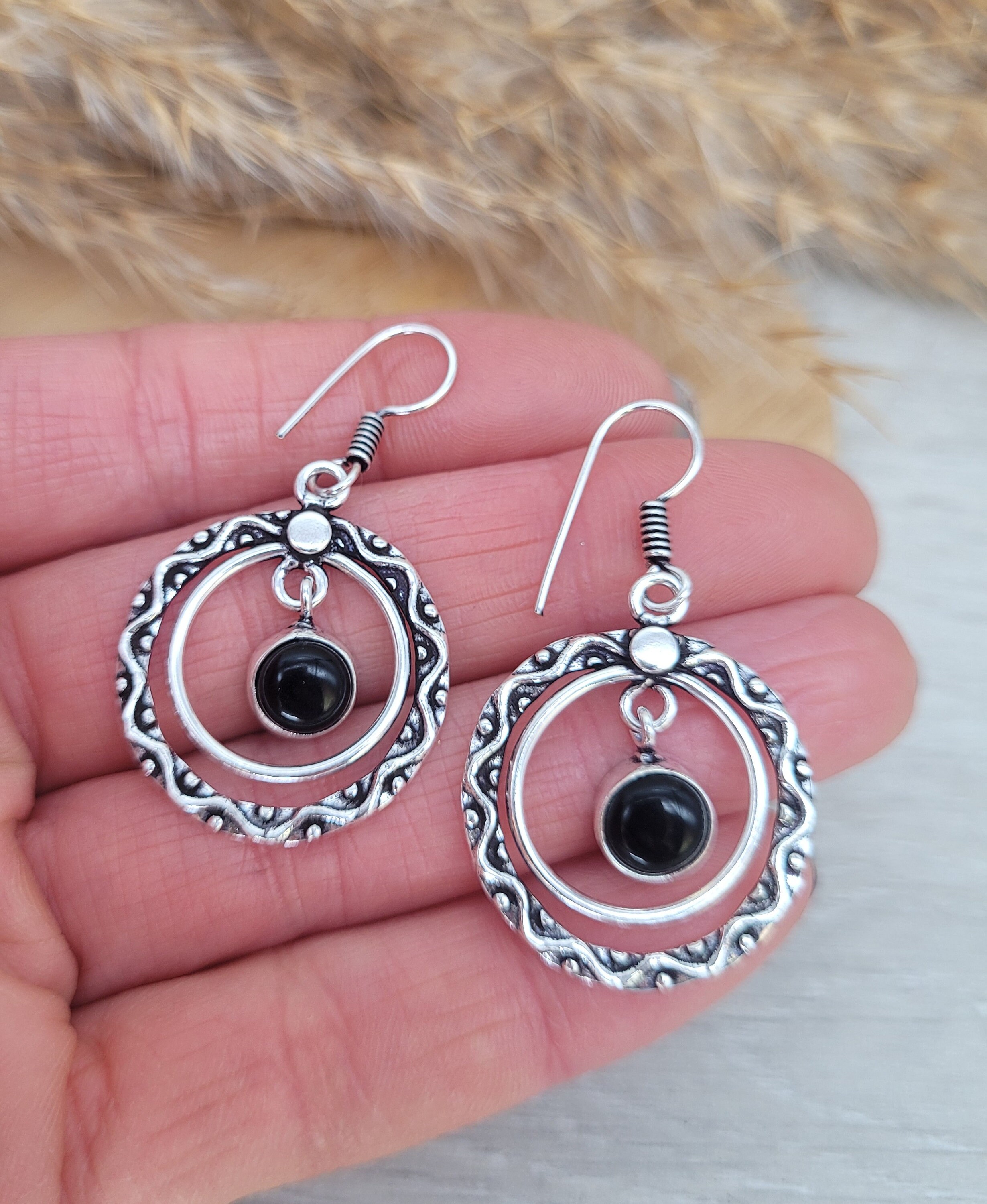 Boucles D'oreilles Vintage En Argent Et Tourmaline Noire - Pendantes à Crochet - Occasion