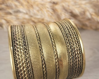 Large Gold Brass Cuff Bracelet: Detailed Boho Tribal Jewelry