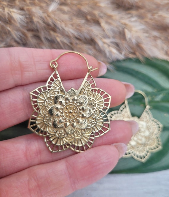Brass Mandala Earrings Flower Jewellery Mandalas Bohemian Gold Earrings Golden Hippie Etsy Canada