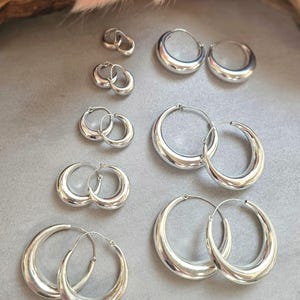 Op de afbeelding: Een collectie van tien zilverkleurige oorringen, gerangschikt in vijf paren van verschillende groottes. Elk paar heeft een glad, gepolijst, afgerond metalen ontwerp met een dunne draadsluiting, gerangschikt van klein naar groot.