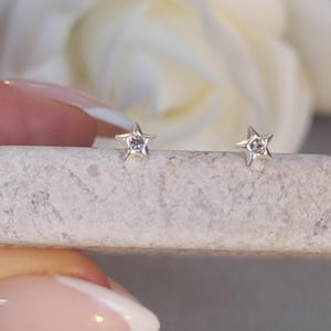 May include: A pair of silver star-shaped stud earrings. Each earring features a small, clear gemstone at the center. The earrings are displayed on a light-colored surface, with a blurred white flower in the background.