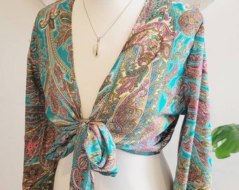 Bohemian vintage wrap top / Wrap top / Bamboo silk / Summer Top / Paisley / Festival / Bell sleeves / Kaftan top / Hippie