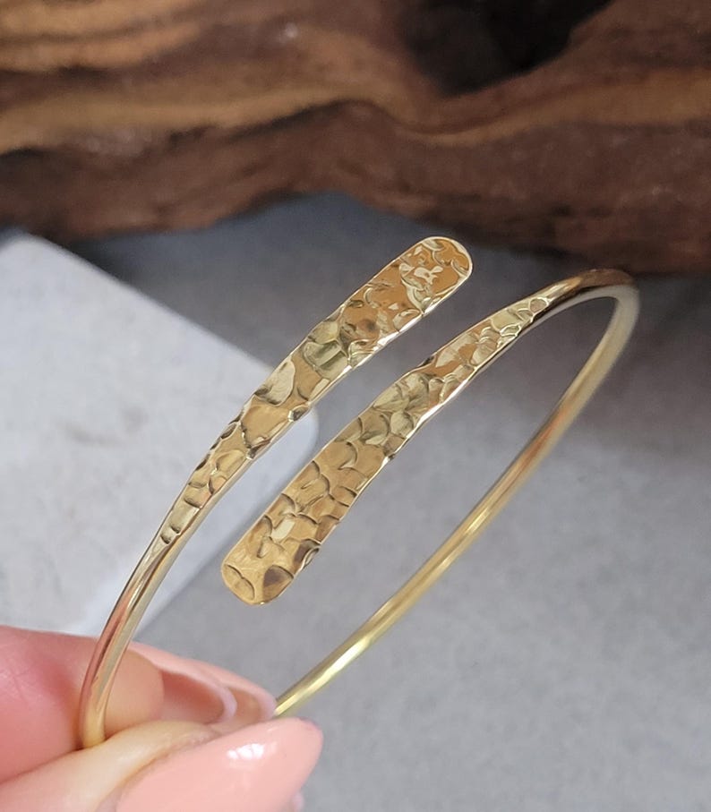 Hammered Brass Bangle Bracelet – Adjustable Minimalist Gold Finish Jewelry image 8