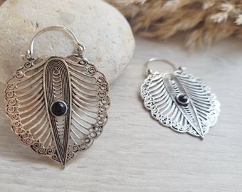 Silver peacock earrings / Bohemian / Black onyx / Feather /  Pretty / Gift / Ethnic / Boho / Bohemian