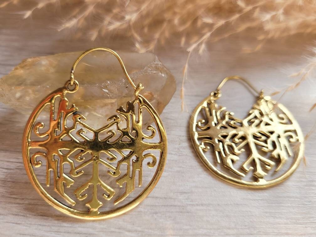 Golden mandala earrings / Egyptian / Tribal / Gold hoops / Hippie / Bohemian / Pretty / Gift