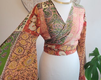 Bohemian vintage wrap top / Wrap top / Bamboo silk / Summer Top / Floral / Festival / Bell sleeves / Kaftan top / Hippie