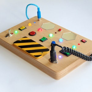 Busy board for toddler Custom LED light toy Switch box Kids control panel baby Sensory board Wooden toy Activity baby board Spaceship panel image 9