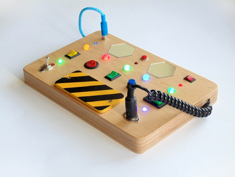 Busy board for toddler Custom LED light toy Switch box Kids control panel baby Sensory board Wooden toy Activity baby board Spaceship panel image 9