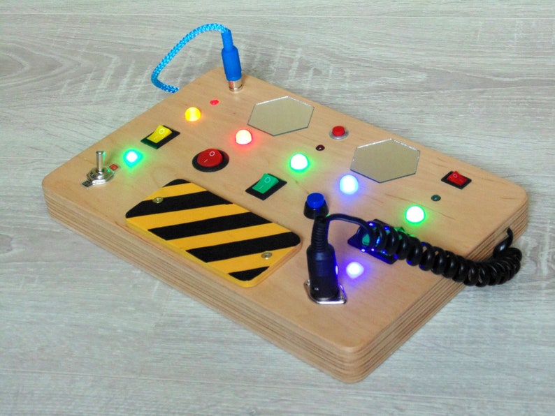 Busy board for toddler Custom LED light toy Switch box Kids control panel baby Sensory board Wooden toy Activity baby board Spaceship panel image 4