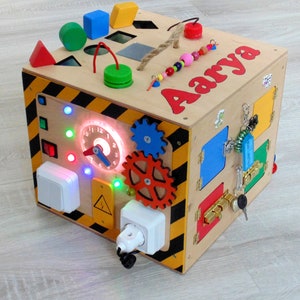 Personalized Busy board LED light toy toddler busy box baby Sensory board Wooden toy Activity baby 1 year old gift Busy cube shape sorter image 1