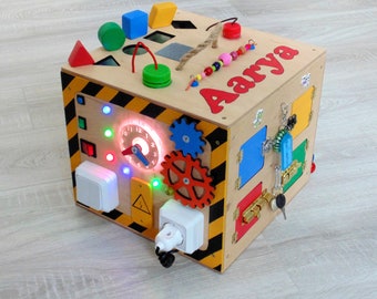 Personalized Busy board LED light toy toddler busy box baby Sensory board Wooden toy Activity baby 1 year old gift Busy cube shape sorter