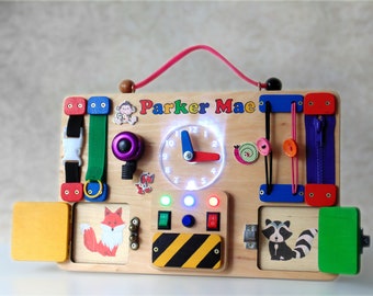 Personalized Busy Board for toddlers with LED lights Sensory board Baby Activity board Toddler Wooden toy Montessori board Latch board