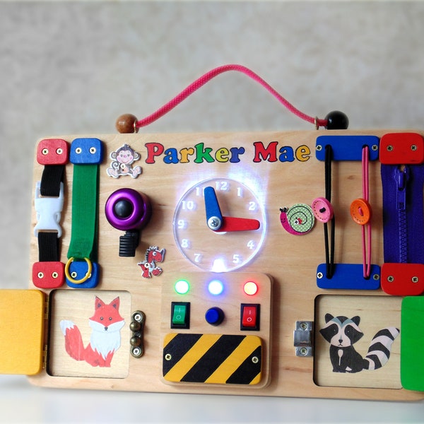 Personalized Busy Board for toddlers with LED lights Sensory board Baby Activity board Toddler Wooden toy Montessori board Latch board