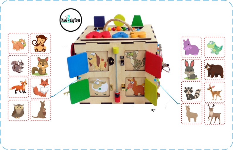 May include: Wooden activity cube with colorful doors and animal illustrations. The cube has a handle on top and features a variety of textures and activities for children. The cube is made of natural wood and is painted with non-toxic paints.