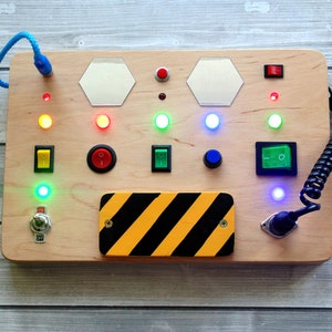Busy board for toddler Custom LED light toy Switch box Kids control panel baby Sensory board Wooden toy Activity baby board Spaceship panel image 6