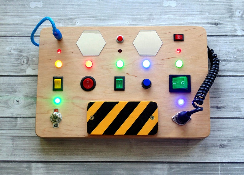 Busy board for toddler Custom LED light toy Switch box Kids control panel baby Sensory board Wooden toy Activity baby board Spaceship panel image 6