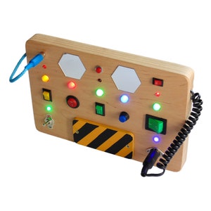 Busy board for toddler Custom LED light toy Switch box Kids control panel baby Sensory board Wooden toy Activity baby board Spaceship panel image 1