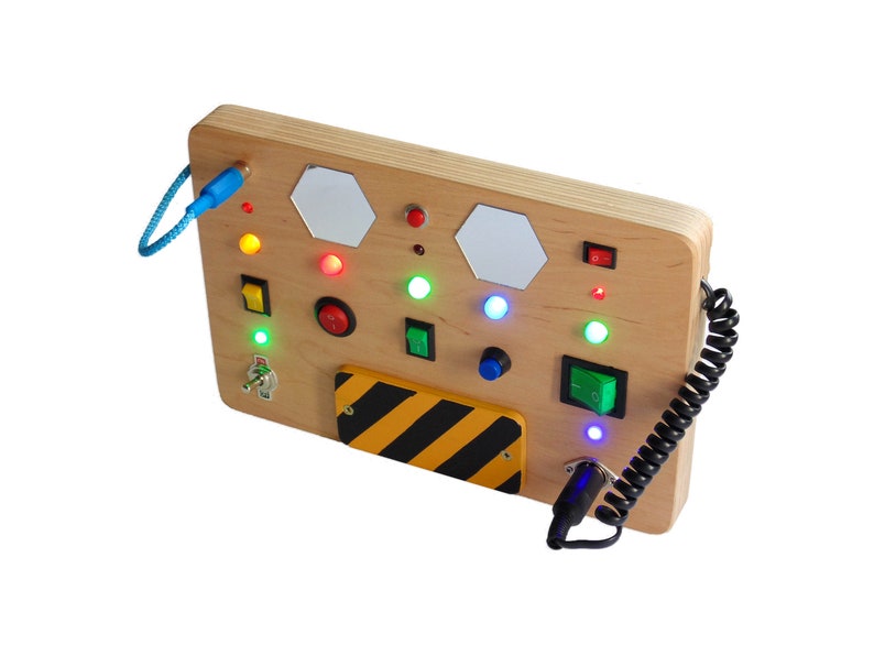 Busy board for toddler Custom LED light toy Switch box Kids control panel baby Sensory board Wooden toy Activity baby board Spaceship panel image 1