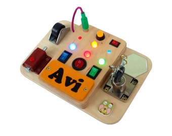 Travel Busy board with LEDs, Wooden LED light toy, Spaceship control panel, Switch board,  Baby Activity board, Wooden gift