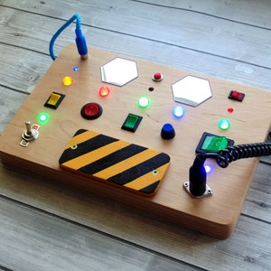 Busy board for toddler Custom LED light toy Switch box Kids control panel baby Sensory board Wooden toy Activity baby board Spaceship panel image 5