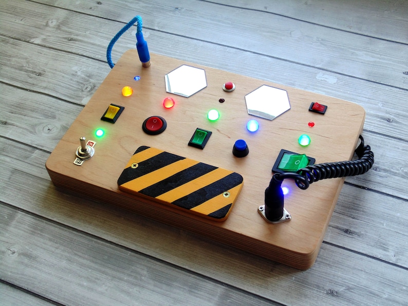 Busy board for toddler Custom LED light toy Switch box Kids control panel baby Sensory board Wooden toy Activity baby board Spaceship panel image 5