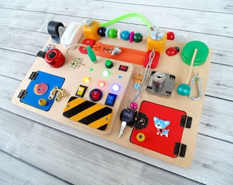 Busy board for baby with LED lights, Travel busy board for toddler, Sensory board, Montessori baby toy, Activity board, 1st Birthday Gift