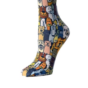 May include: A pair of colorful socks with a pattern of cartoon dogs and cats. The socks are a mix of yellow, orange, brown, blue, and white.