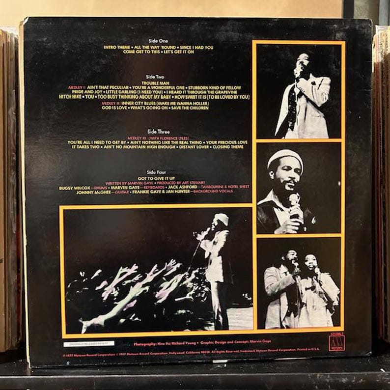 May include: Album cover for Marvin Gaye's album, featuring a black background with song titles and artist photos. The album's title is not visible. The back cover includes song titles and credits, with multiple images of the artist.
