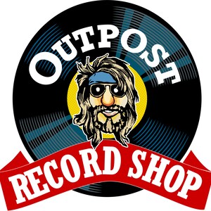 May include: A black and white illustration of a vinyl record with the text "Outpost Record Shop" in white. A cartoon character with a beard and sunglasses is in the centre of the record.