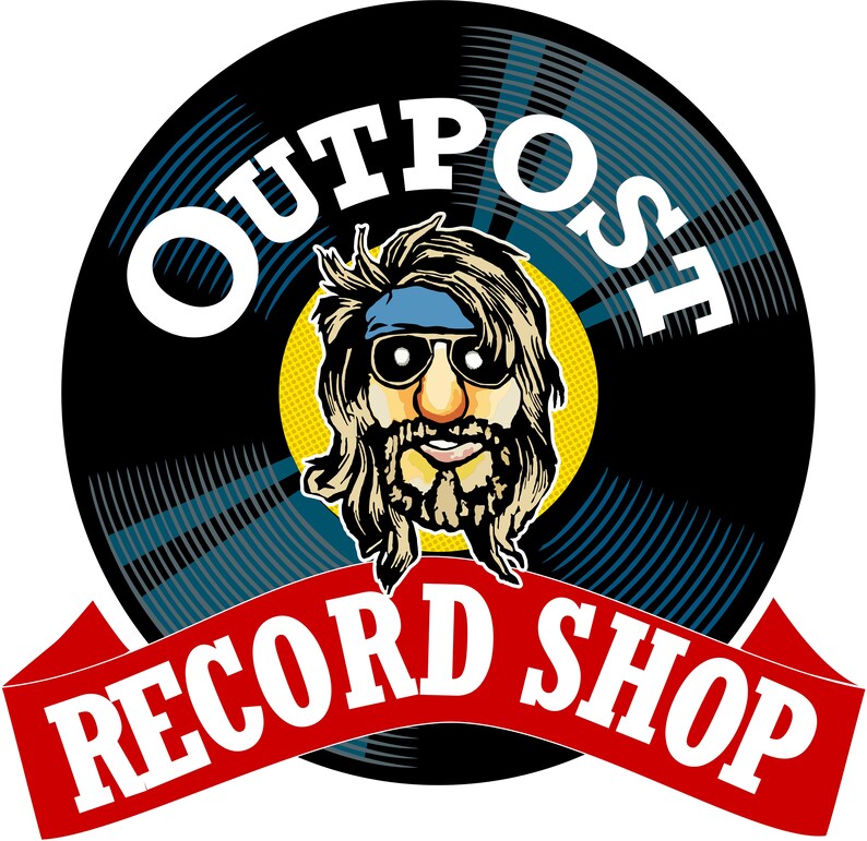 May include: A black and white illustration of a vinyl record with the text "Outpost Record Shop" in white. A cartoon character with a beard and sunglasses is in the centre of the record.