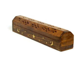 Incense Burner - Wooden Box with Storage - Moon and Star