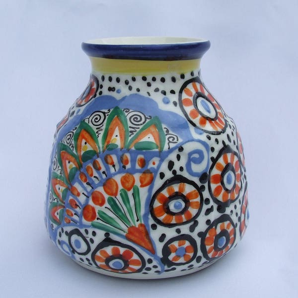 Vintage Ditmar Urbach Art Deco Kossak Pattern Pottery Vase - Circa 1930's Marked Czechoslovakia Hand Painted Slip Decorated Kassak 8177/6