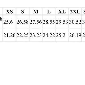 May include: A size chart showing measurements in inches for a garment in sizes XS, S, M, L, XL, 2XL, and 3XL. The chart shows the length and width of the garment.