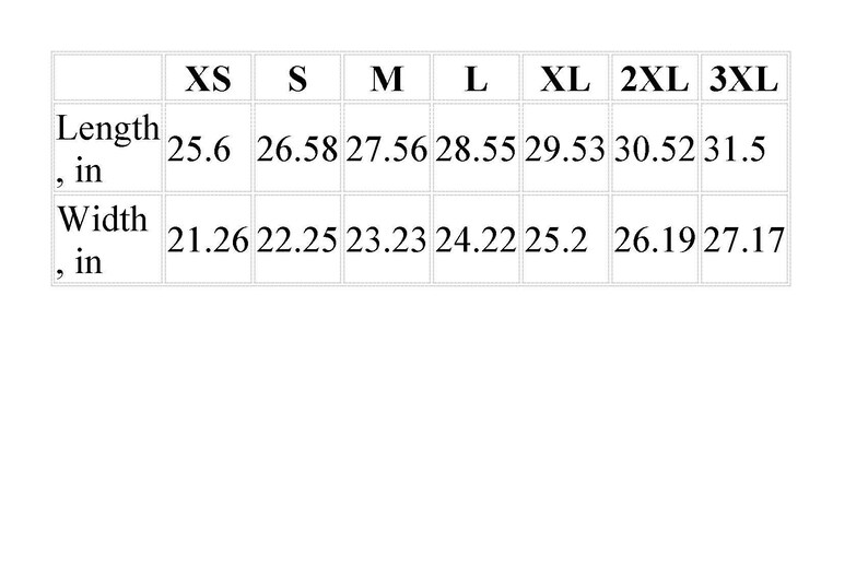 May include: A size chart showing measurements in inches for a garment in sizes XS, S, M, L, XL, 2XL, and 3XL. The chart shows the length and width of the garment.