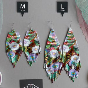 Hollyhock Flower Beaded Earrings: Long Boho Fringe Beadwork
