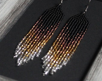 Gold beaded earrings Evening earrings Long gold ombre earrings Seed bead earring Gold chandelier earring Beadwork earring Fringe Dangle