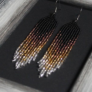 Gold beaded earrings Evening earrings Long gold ombre earrings Seed bead earring Gold chandelier earring Beadwork earring Fringe Dangle