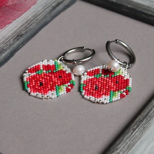 Red Rose Hoop Earrings: Beaded Floral Dangle Earrings with Pearl