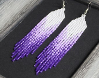 Violet pantone beaded earrings Purple earrings Ultra Violet earrings Long earrings Beadwork jewelry Fringe earrings Seed bead earring Dangle