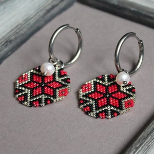 Ukrainian hoop beaded earrings Geometric Fringe earrings Red black silver earrings Pearl Seed bead earrings Beadwork dangle Boho earrings
